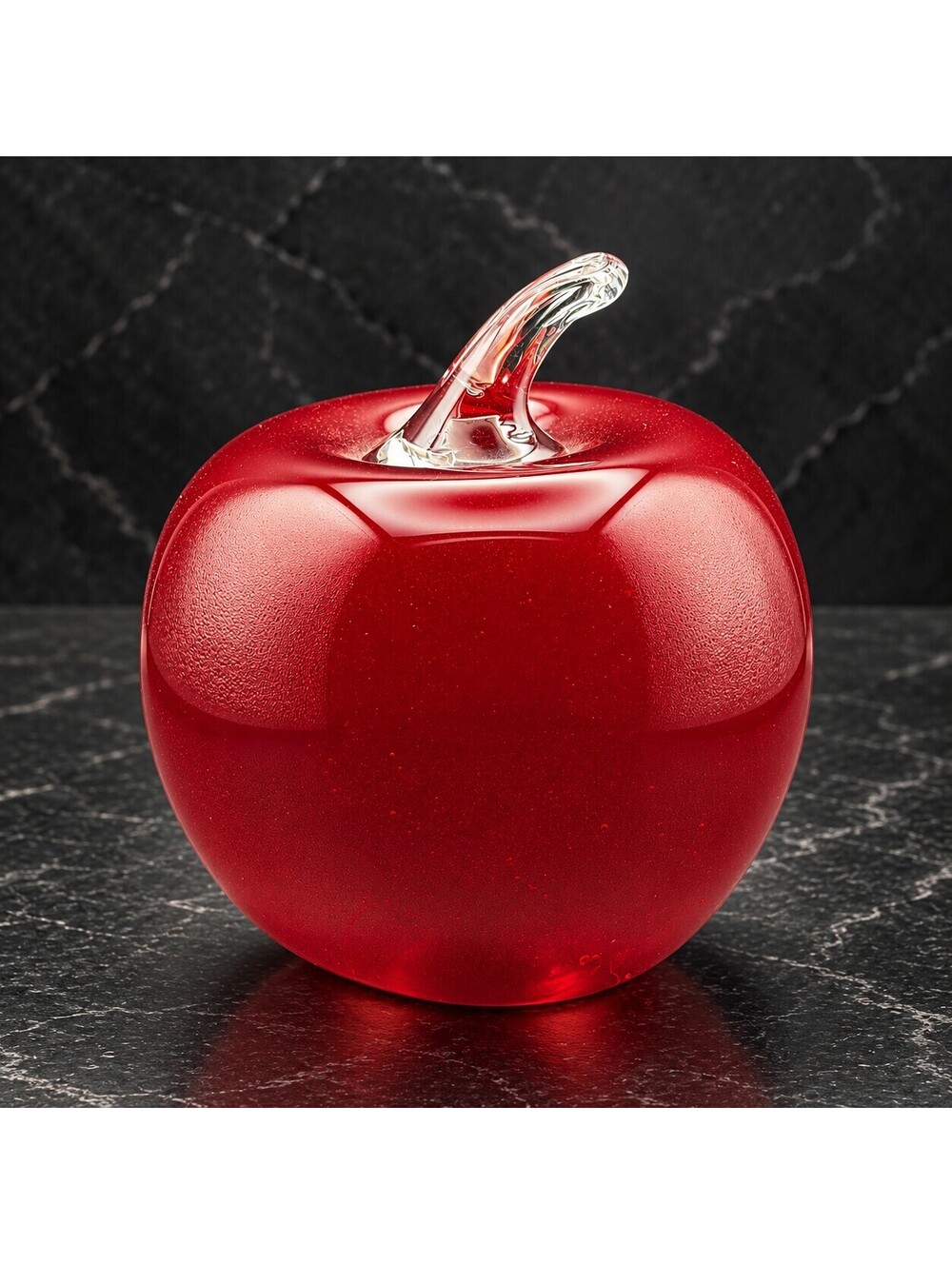 Vtg Red Art Glass Apple Paperweight Clear Stem Handblown Style Decorative Fruit